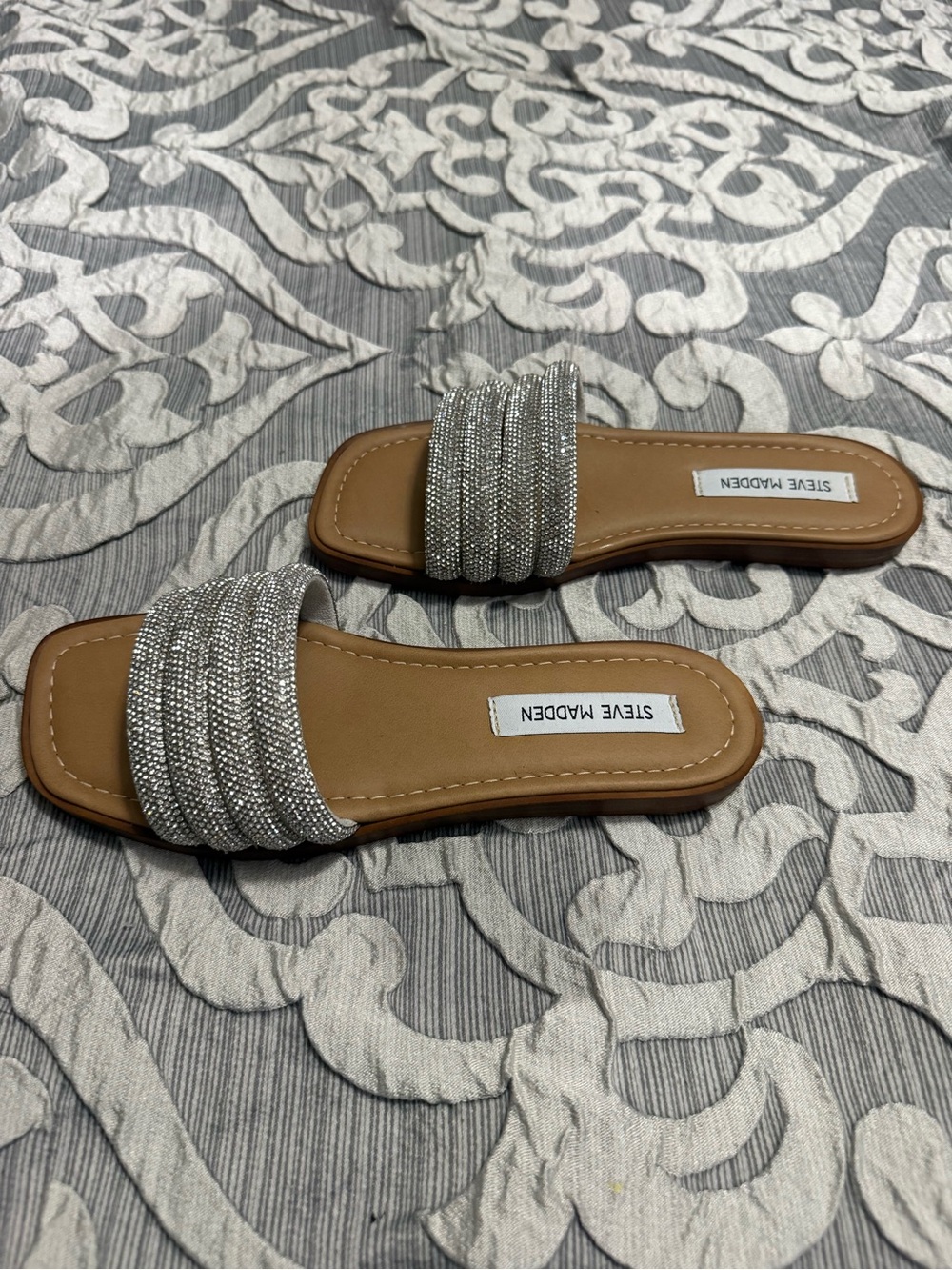 Steve Madden Silver Crystal-Strap Slide Sandals